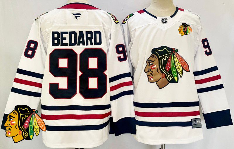 Men Chicago Blackhawks #98 Bedard White Fanatics 2025 NHL Jersey style 1